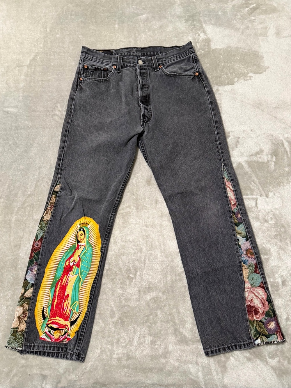 Levi Stratuss Custom Reworked Black Jeans-Virgin of Guadalupe & Floral Patchwork